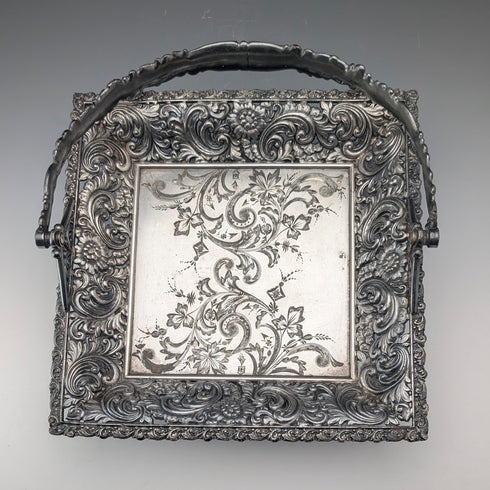 Antique American Britannia Metal Basket with Movable Handle and Legs, MERIDEN BRITANNIA