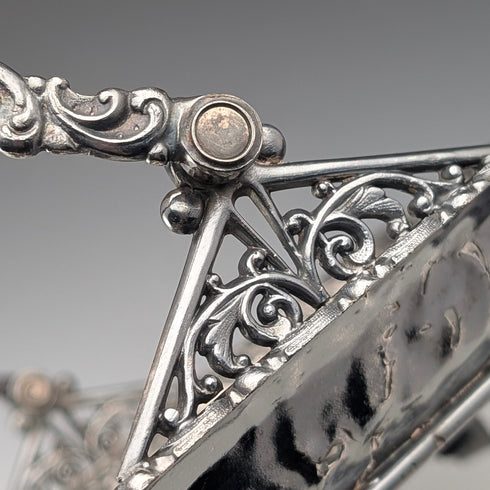 Antique American Britannia Metal Basket with Movable Handle and Legs, MERIDEN BRITANNIA