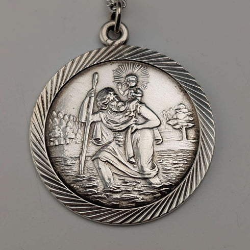 Vintage Saint Christopher Sterling Silver Medal Pendant ③ with Sterling Silver Necklace, Total 7.8g