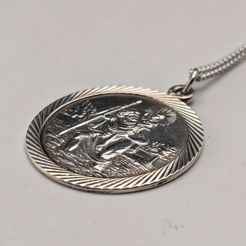 Vintage Saint Christopher Sterling Silver Medal Pendant ③ with Sterling Silver Necklace, Total 7.8g