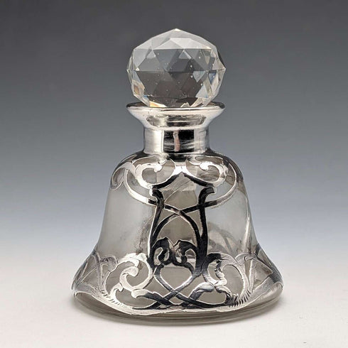 Antique American Art Nouveau Silver Overlay Glass Miniature Perfume Bottle