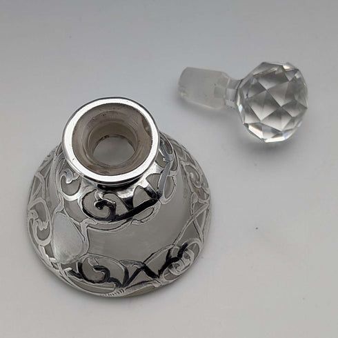 Antique American Art Nouveau Silver Overlay Glass Miniature Perfume Bottle
