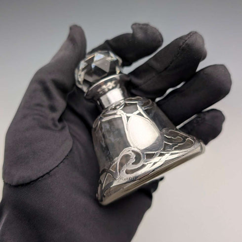 Antique American Art Nouveau Silver Overlay Glass Miniature Perfume Bottle