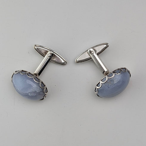 ヴィンテージ 純銀台座 ブルーレースアゲート カフリンクス カフスボタン