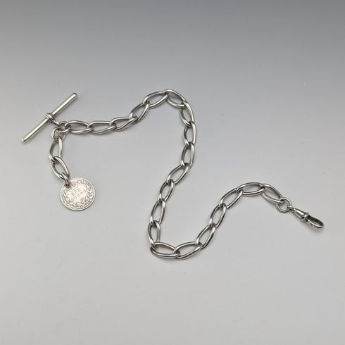 1929年英國古董純銀阿爾伯特鏈,重42克,配英國六便士硬幣吊墜