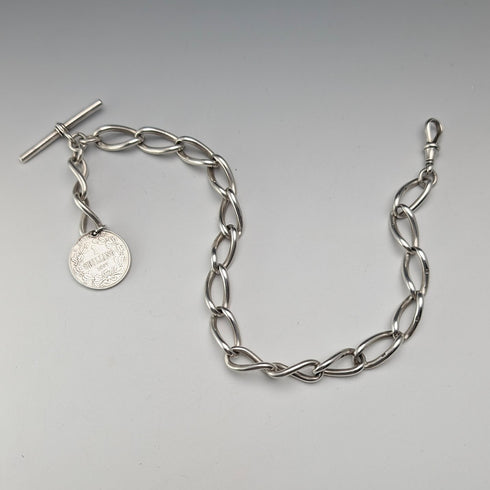 1911年英國古董純銀阿爾伯特鏈,重59克,配南非1先令硬幣吊墜