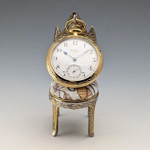 1920年代古董黃銅椅形懷錶架,帶白色座椅