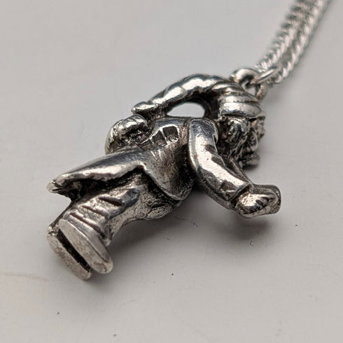 Vintage British Pipe Smoking Old Man Sterling Silver Pendant with Sterling Silver Necklace, 7.6g Total