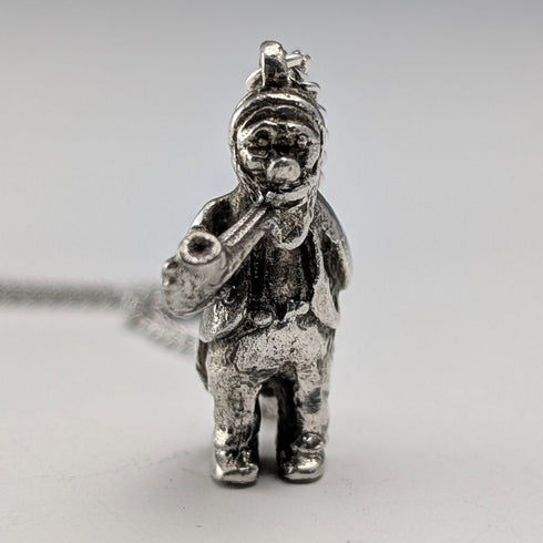 Vintage British Pipe Smoking Old Man Sterling Silver Pendant with Sterling Silver Necklace, 7.6g Total