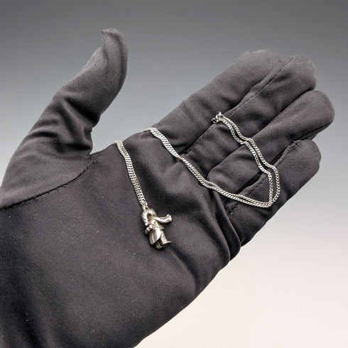 Vintage British Pipe Smoking Old Man Sterling Silver Pendant with Sterling Silver Necklace, 7.6g Total