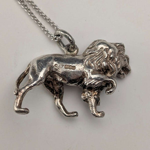 British Vintage Sterling Silver Lion Passant Pendant with Sterling Silver Necklace, 12.7g Total