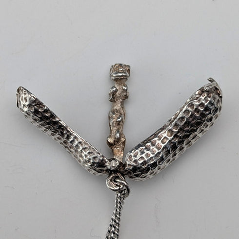 Vintage Peanut (Monkey Inside) Sterling Silver Pendant with Sterling Silver Necklace, 7.8g Total