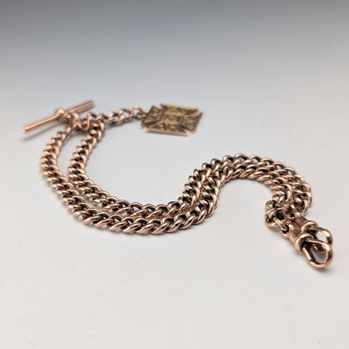 英國古董9克拉玫瑰金雙阿爾伯特鏈,搭配9克拉金質獎章吊墜,總重22.4克