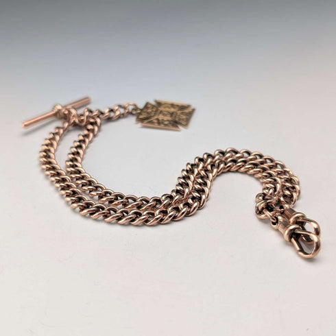 Antique British 9ct Rose Gold Double Albert Chain 9ct Gold Medal Fob, 22.4g Total