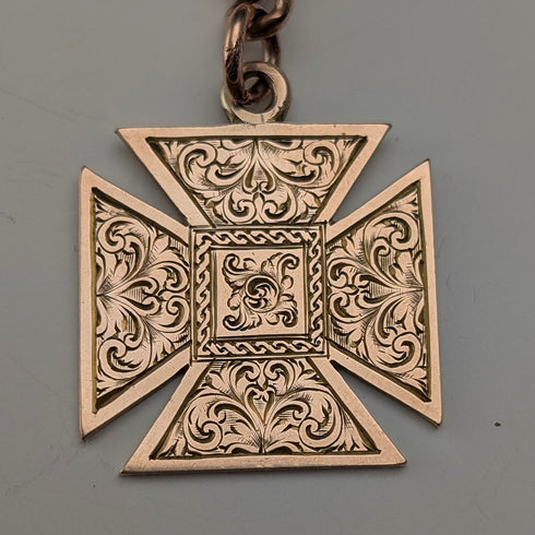 英國古董9克拉玫瑰金雙阿爾伯特鏈,搭配9克拉金質獎章吊墜,總重22.4克