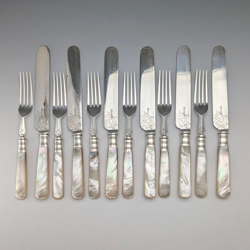 英國古董珍珠母貝甜點餐具,6對,木盒裝,約翰朗德父子公司出品