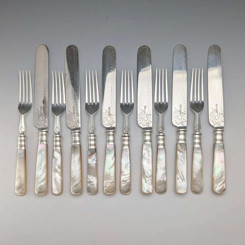 英國古董珍珠母貝甜點餐具,6對,木盒裝,約翰朗德父子公司出品