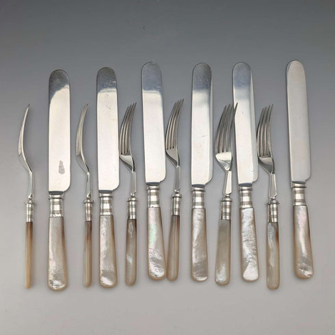 英國古董珍珠母貝甜點餐具,6對,木盒裝,約翰朗德父子公司出品