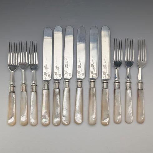 英國古董珍珠母貝甜點餐具,12對,木盒裝,John Nowill & Son 出品