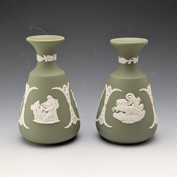 A pair of vintage Wedgwood green jasperware vases.