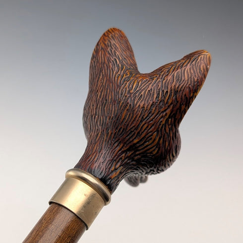 Vintage brown shaft resin fox head handle walking stick, 90cm