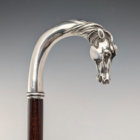 Italian Vintage Brown Shaft Sterling Silver Horsehead Handle Walking Stick, 95cm