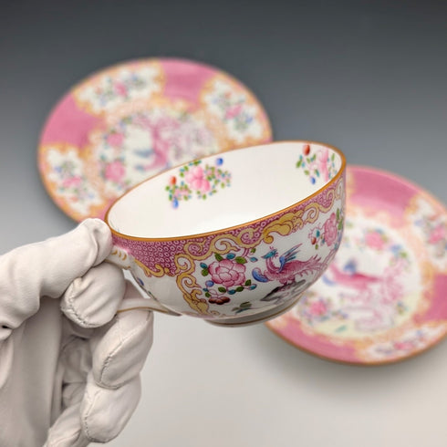 1920年代 英国ミントン ティーカップトリオ ピンクコカトリス マイヤー・エンポーリアム特注品①