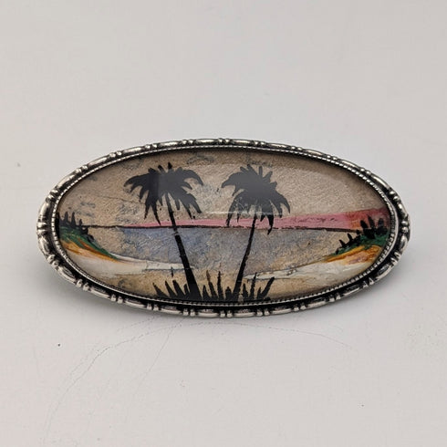 英國古董蝴蝶翅膀熱帶風景純銀胸針 TLM