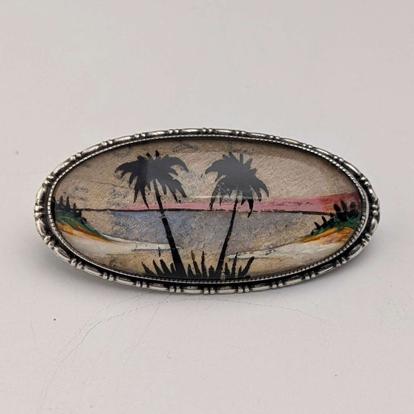 Antique British Butterfly Wing Tropical Landscape Pure Silver Brooch TLM