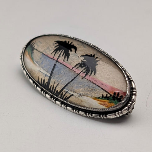 英國古董蝴蝶翅膀熱帶風景純銀胸針 TLM