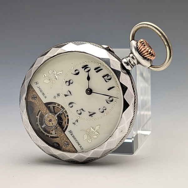 古董 Hebdomus 八日鏈懷錶,銀色錶殼,走時良好