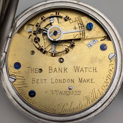 1899年英國古董J.W. Benson BANK懷錶,純銀錶殼,開面設計,走時良好