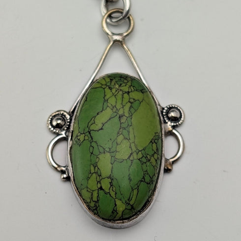 英国アンティーク 純銀製 ダブルアルバートチェーン 67g グリーンターコイズフォブ