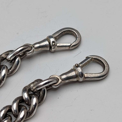 Antique British Sterling Silver Double Albert Chain, 59g, Sterling Silver & Amber Dragonfly Fob