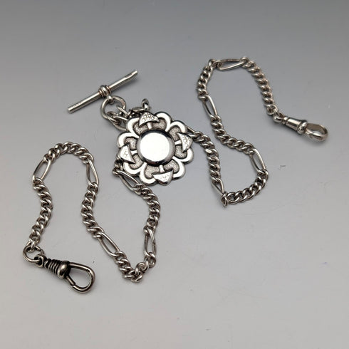 British Vintage Sterling Silver Fancy Link Double Albert Chain, 35g, Sterling Silver Medal Fob