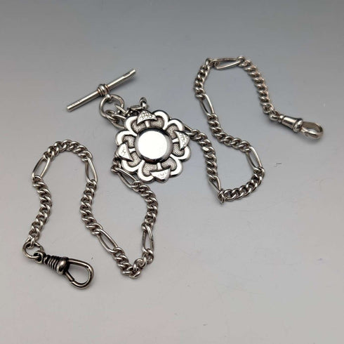 British Vintage Sterling Silver Fancy Link Double Albert Chain, 35g, Sterling Silver Medal Fob