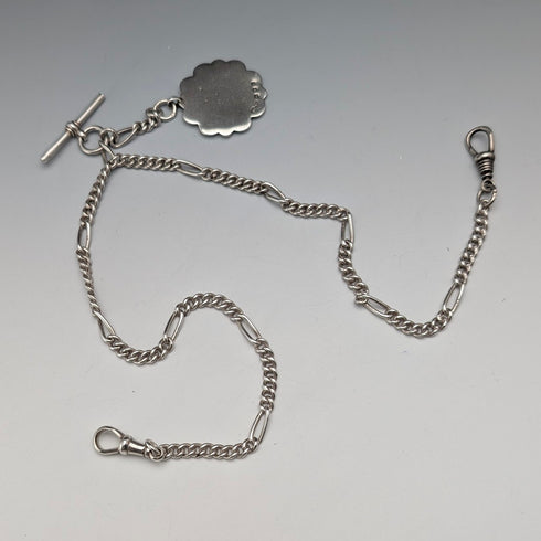 British Vintage Sterling Silver Fancy Link Double Albert Chain, 35g, Sterling Silver Medal Fob