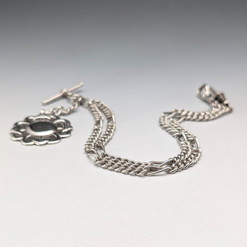 British Vintage Sterling Silver Fancy Link Double Albert Chain, 35g, Sterling Silver Medal Fob