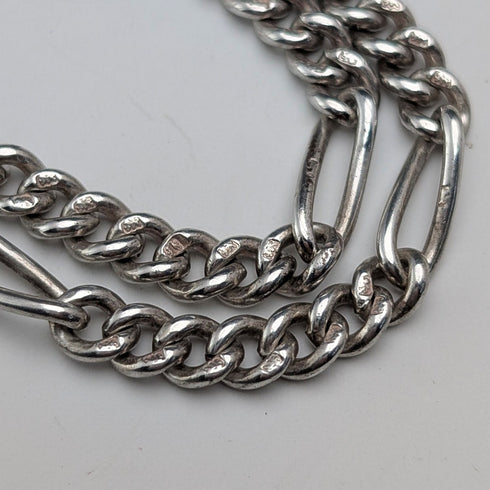 British Vintage Sterling Silver Fancy Link Double Albert Chain, 35g, Sterling Silver Medal Fob