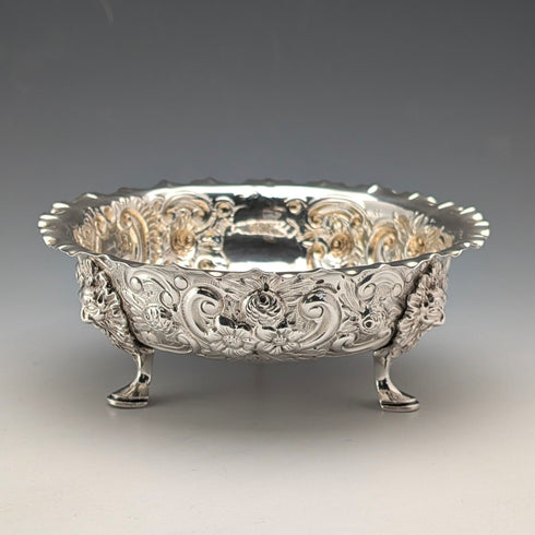 1890 British antique sterling silver pedestal bowl, 13cm diameter, by Charles Edwards