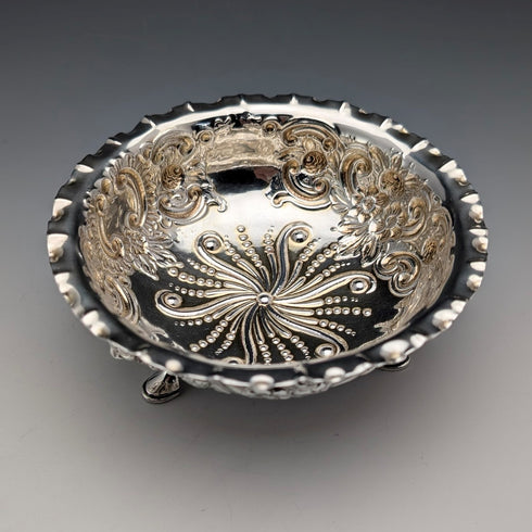 1890 British antique sterling silver pedestal bowl, 13cm diameter, by Charles Edwards