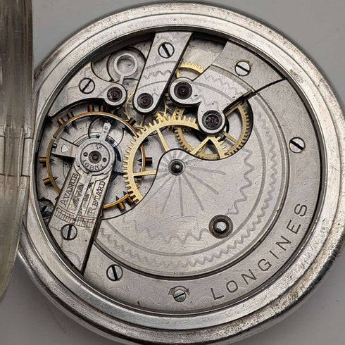 Antique Longines pocket watch, circa 1901, Art Nouveau decoration, silver-sided hunter case, in good working order.
