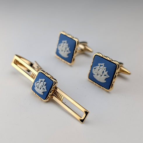 British Wedgwood cufflinks and tie clip with blue jasper sailing ship square cameo and gold-colored base case