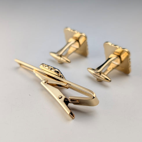 British Wedgwood cufflinks and tie clip with blue jasper sailing ship square cameo and gold-colored base case