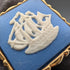 British Wedgwood cufflinks and tie clip with blue jasper sailing ship square cameo and gold-colored base case