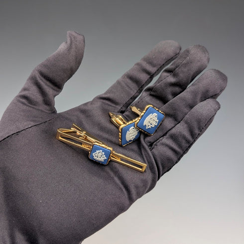 British Wedgwood cufflinks and tie clip with blue jasper sailing ship square cameo and gold-colored base case