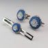 British Wedgwood cufflinks and tie clip with blue jasper sailing ship round cameo and silver base case