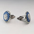 British Wedgwood cufflinks and tie clip with blue jasper sailing ship round cameo and silver base case