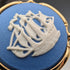British Wedgwood cufflinks and tie clip with blue jasper sailing ship round cameo and gold-colored base case