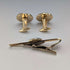 British Wedgwood cufflinks and tie clip with blue jasper sailing ship round cameo and gold-colored base case